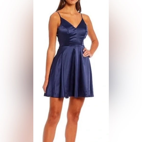 NWT B Darling Satin Lace Back Mini Dress Junior Size 11-12 Navy Blue - Picture 2 of 9